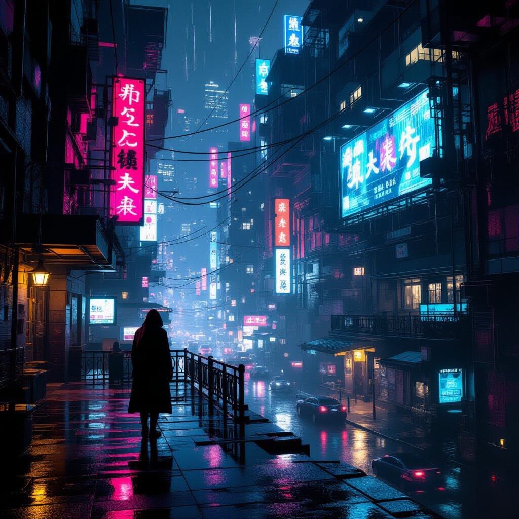 Lone Figure Overlooks Rain-Slicked Metropolis