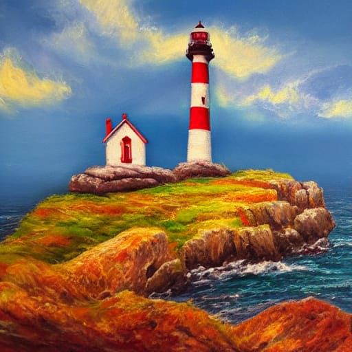 Majestic Lighthouse Beacon on Rocky Coast in Golden Hour Oil...