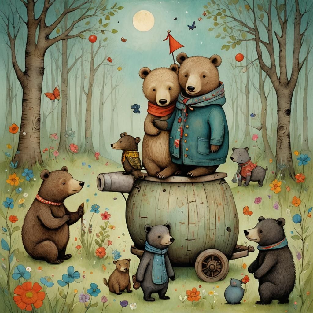 Bear Cub and Friends in Whimsical Illustration