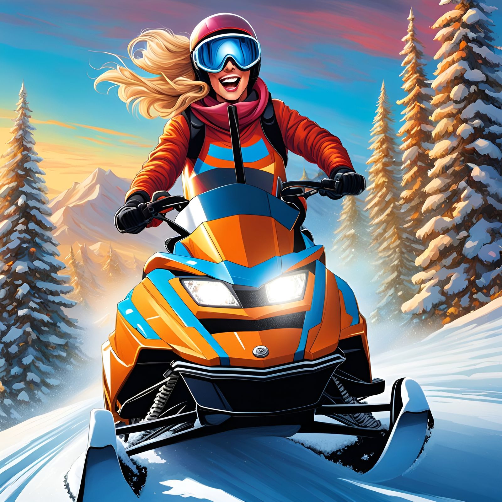 Woman Snowmobiling with Sparkling Eyes, Detailed Comic Art