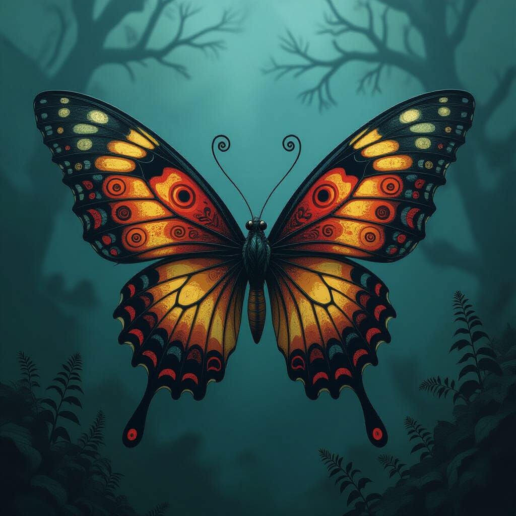 Eldritch Butterfree with Demonic Patterns in Dark Surrealism