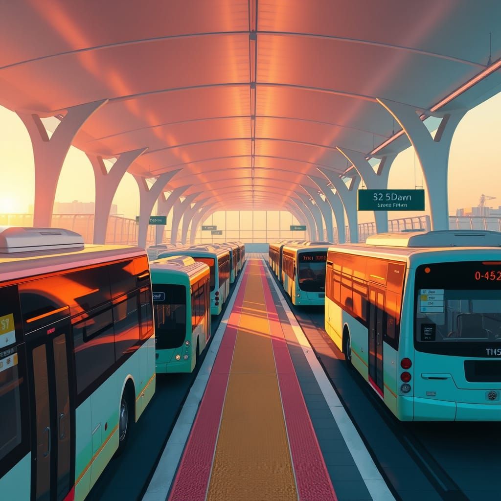 bus station, pastel color palette