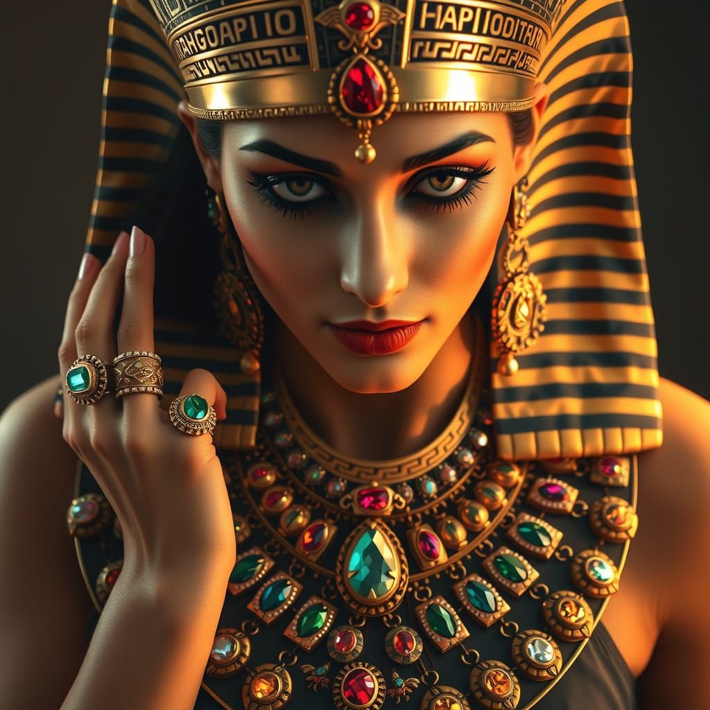 Egyptian Queen in Golden Headdress with Precious Gems