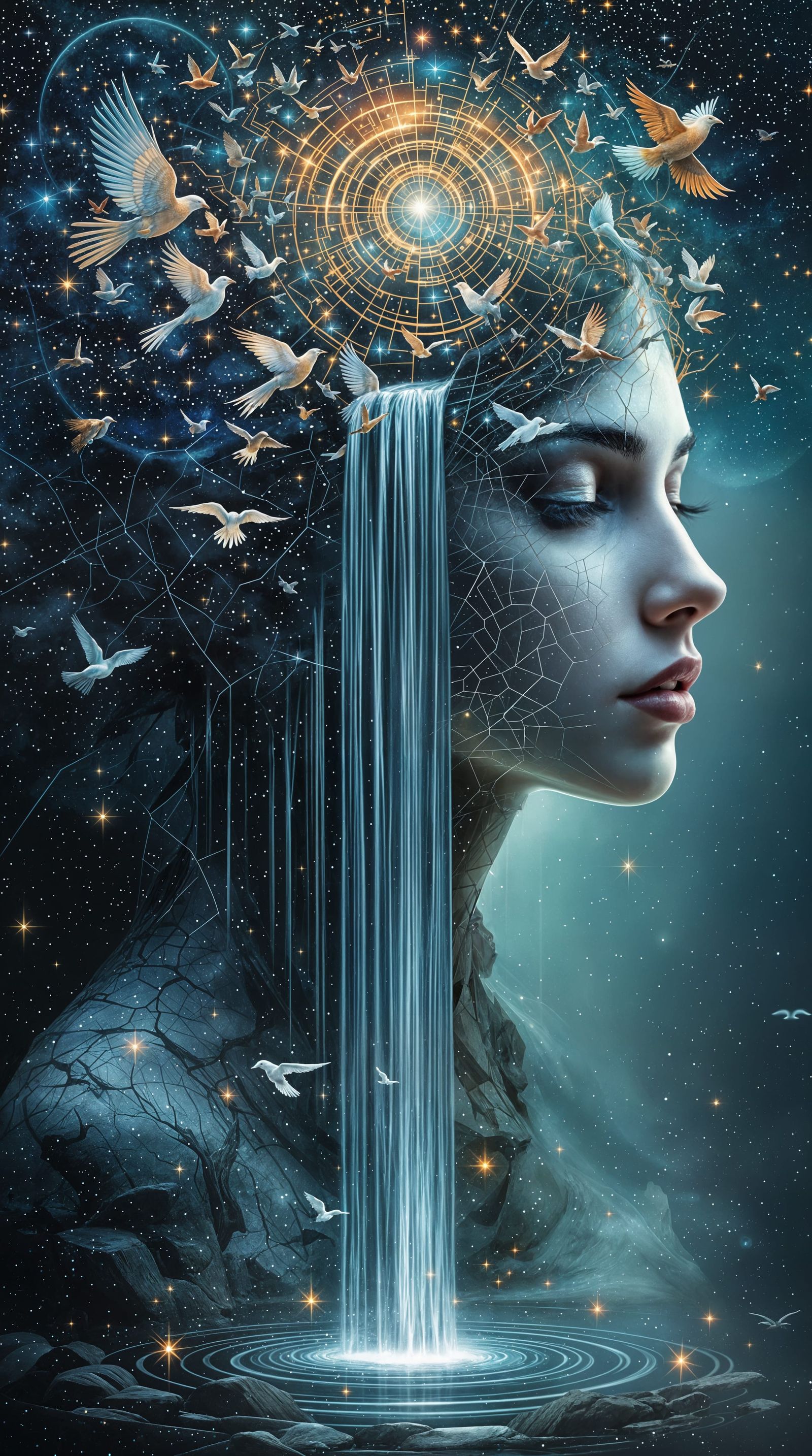 Surreal Portrait of Cosmic Waterfall Hair