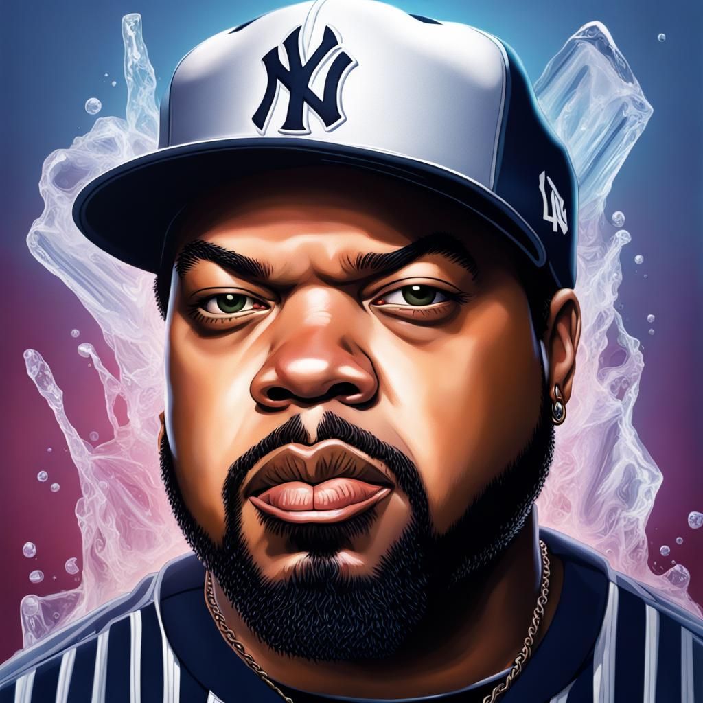 Ice Cube in Yankees Hat: Hyperrealistic Splash Art
