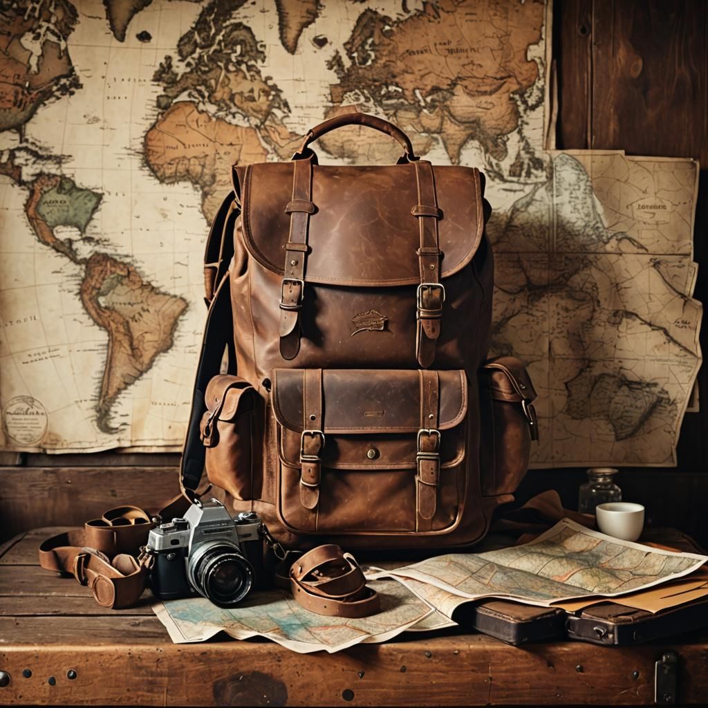 Retro Adventure Photography of Leather Travel Backpack