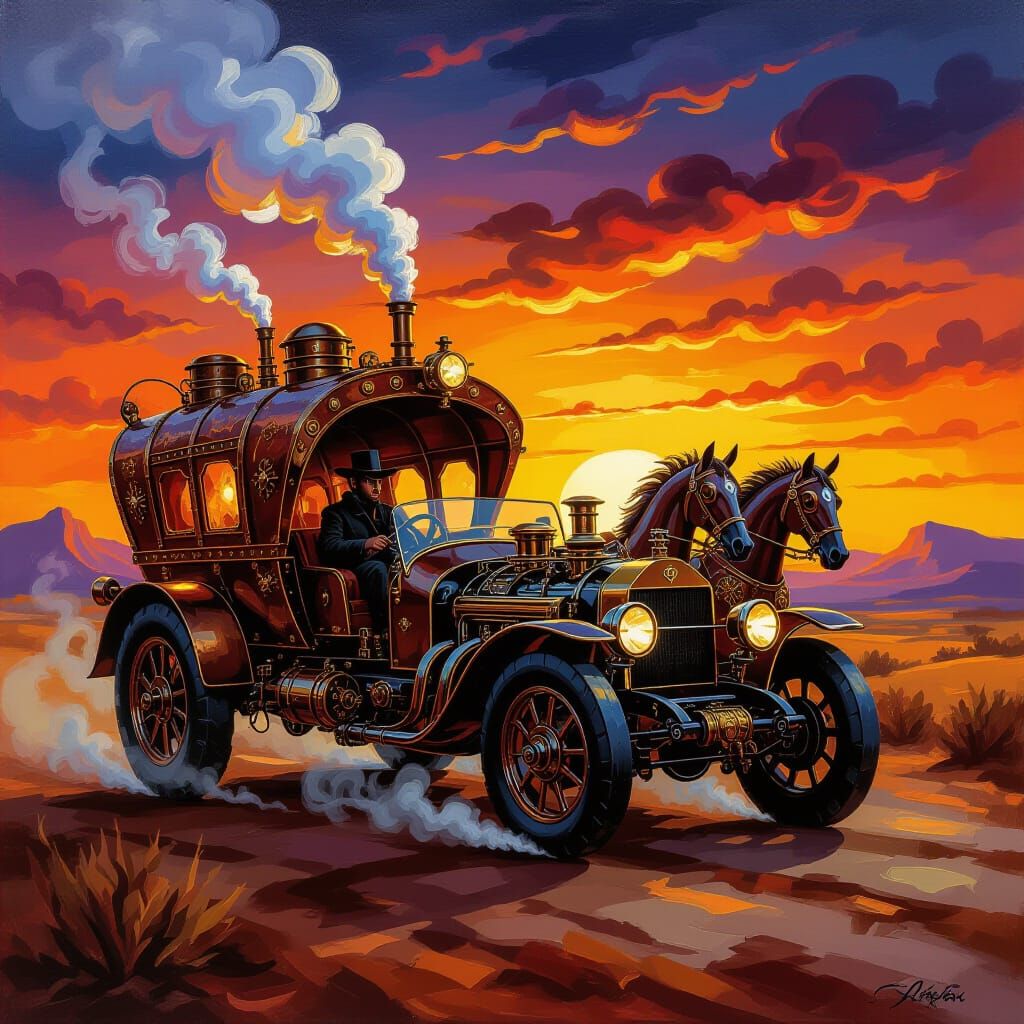 Steampunk Gypsy Batmobile Through Desert Twilight