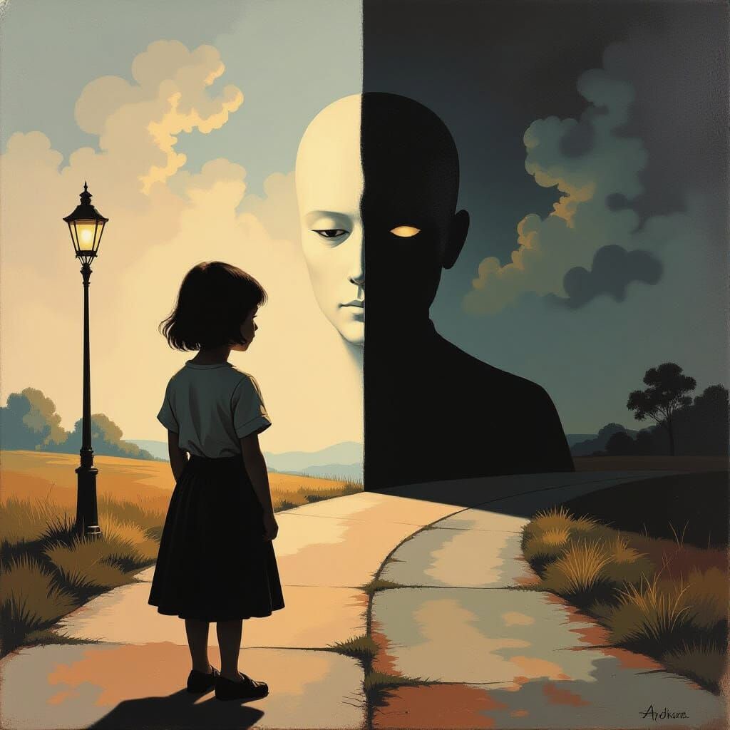 Surreal Figure at Crossroads of Crime and Innocence