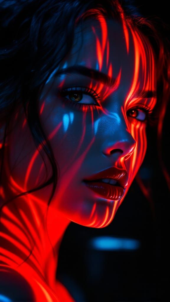 Surreal Neon Portrait: Woman's Confident Gaze