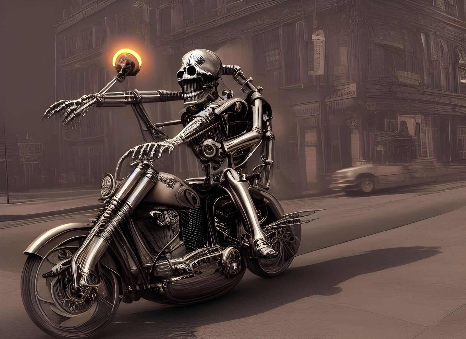 Steampunk Robot Skeleton on Chrome Harley Davidson