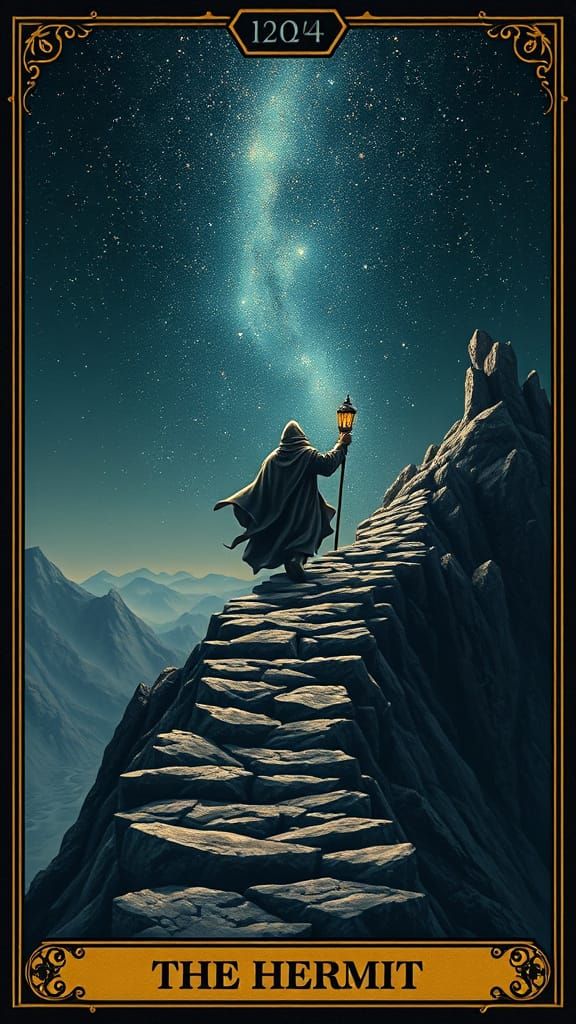 The Hermit Tarot Card Ascends Mountain Path in Celestial Sty...