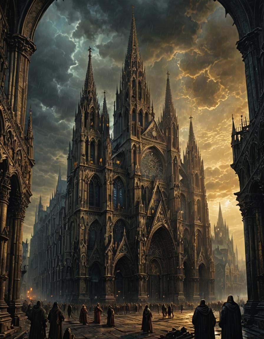 Gothic Cathedral in Rainy Cityscape, Doré Style