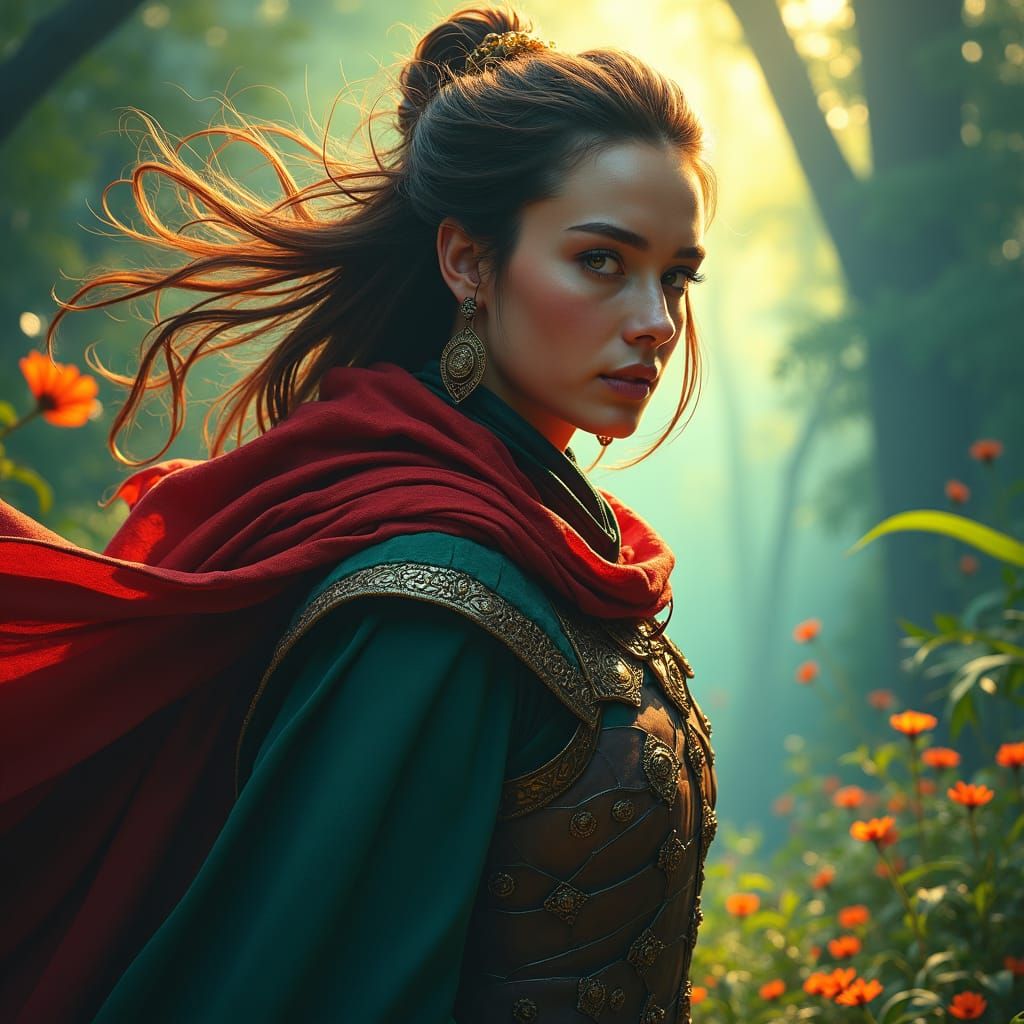 Fantasy Protagonist in Opulent Photorealistic Landscape