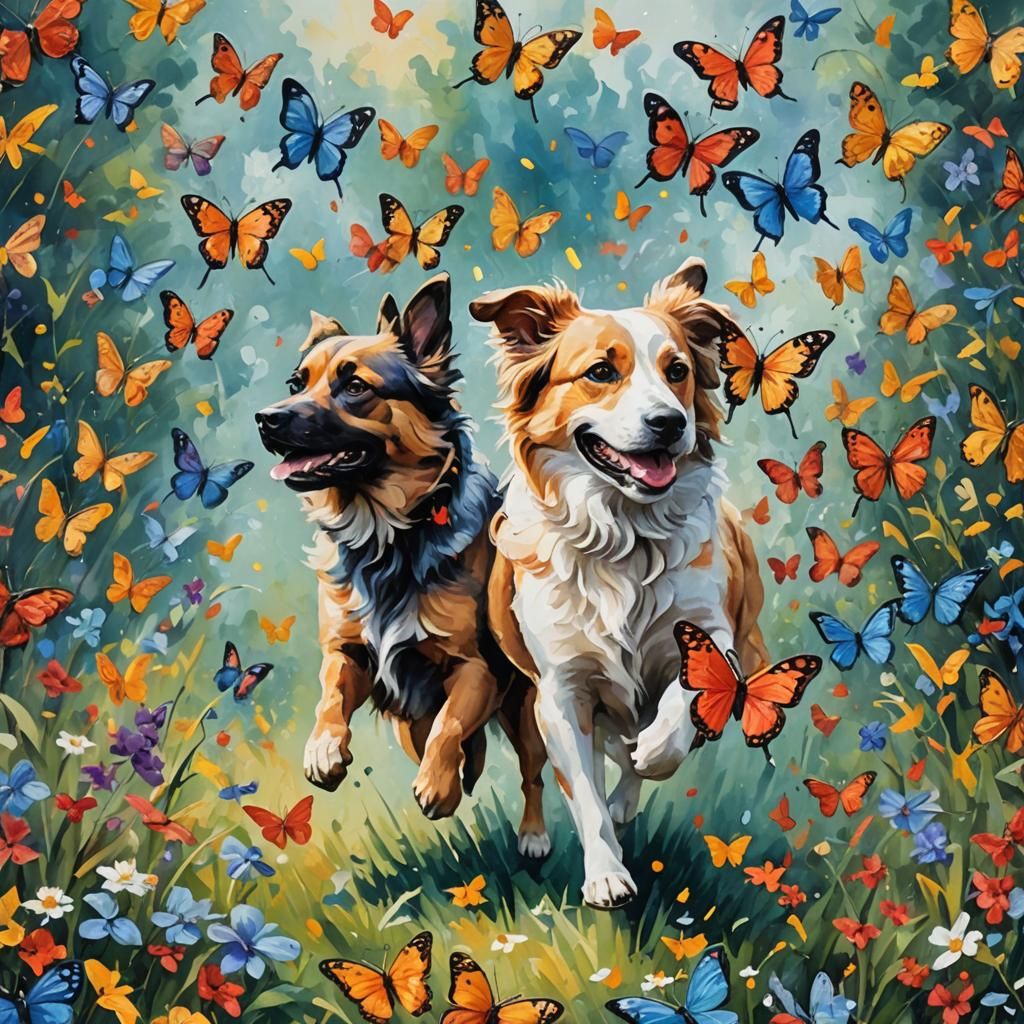 Dogs Chasing Butterflies: Abstract Impressionist Gouache Pai...