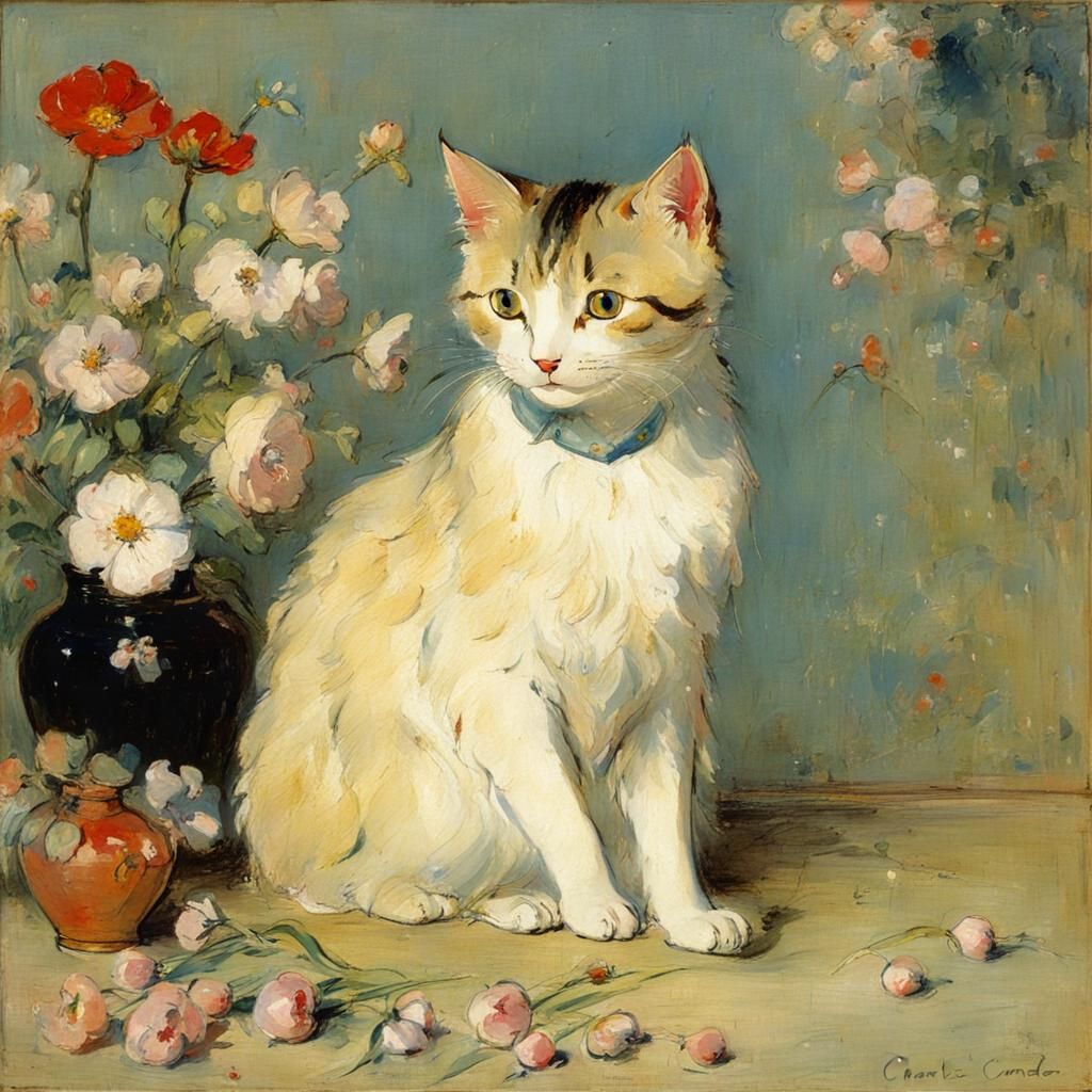 Cat on Pillow with Flowers in Impressionist Style