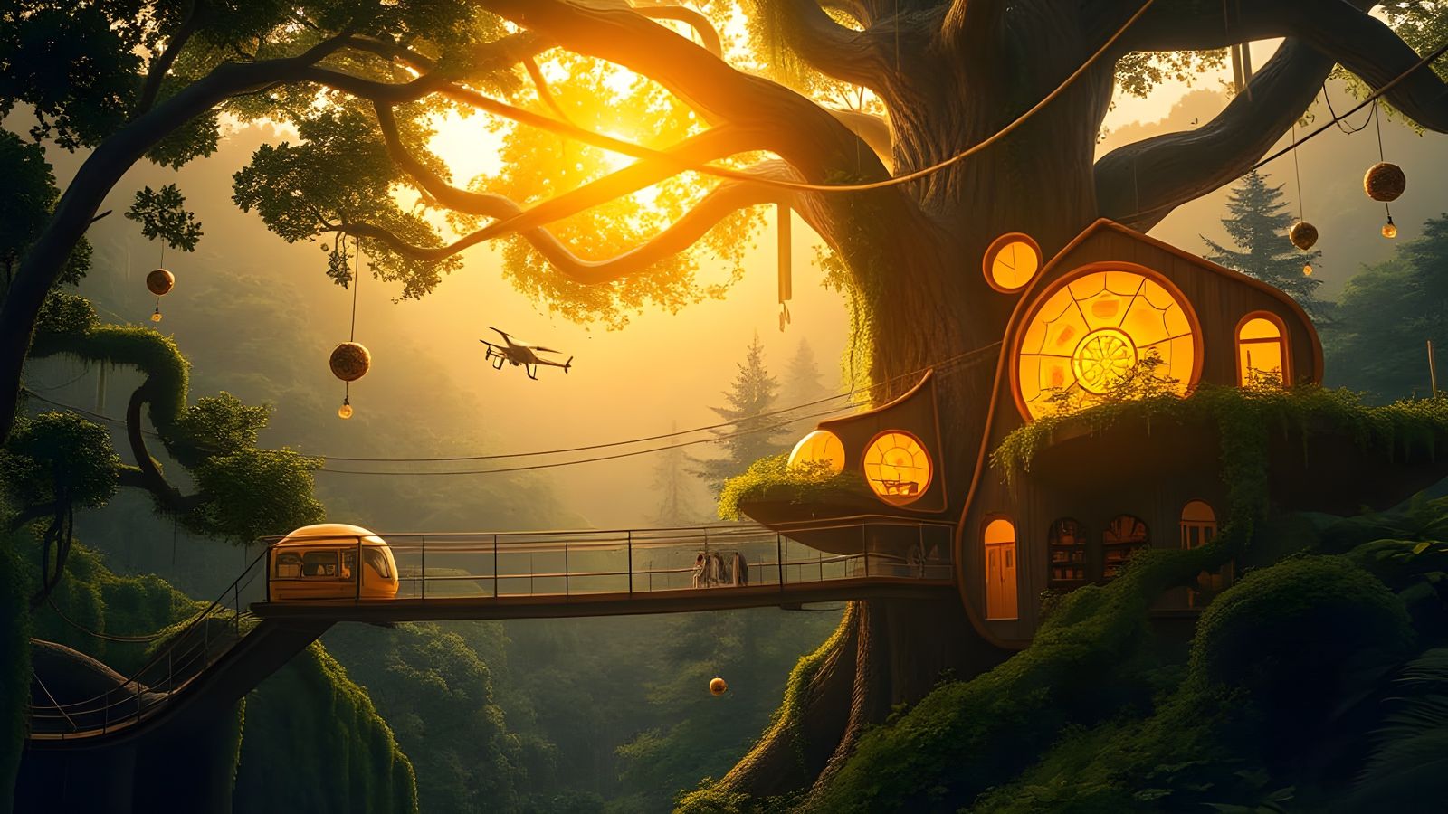 Surreal Solarpunk Village Amidst a Luminous Forest Canopy