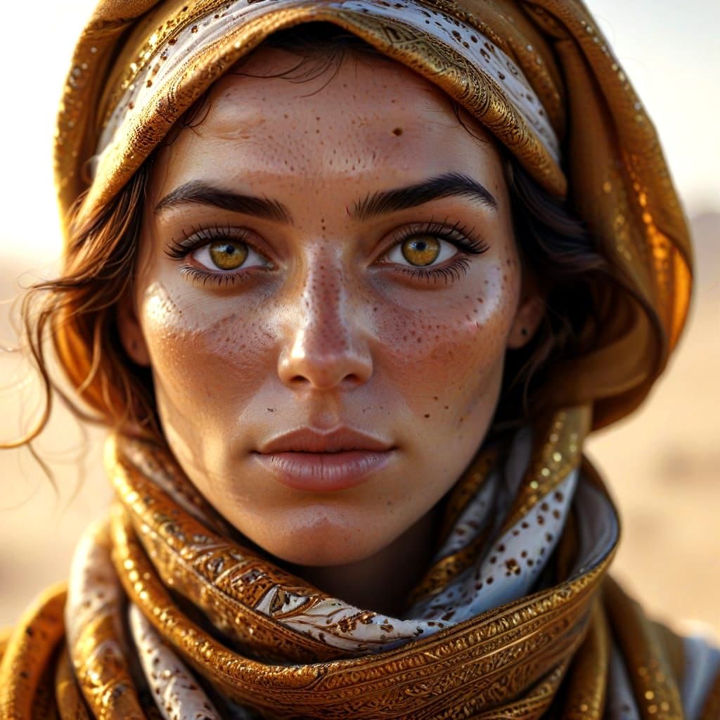 a woman with freckles and a scarf on her head, gorgeous woma...
