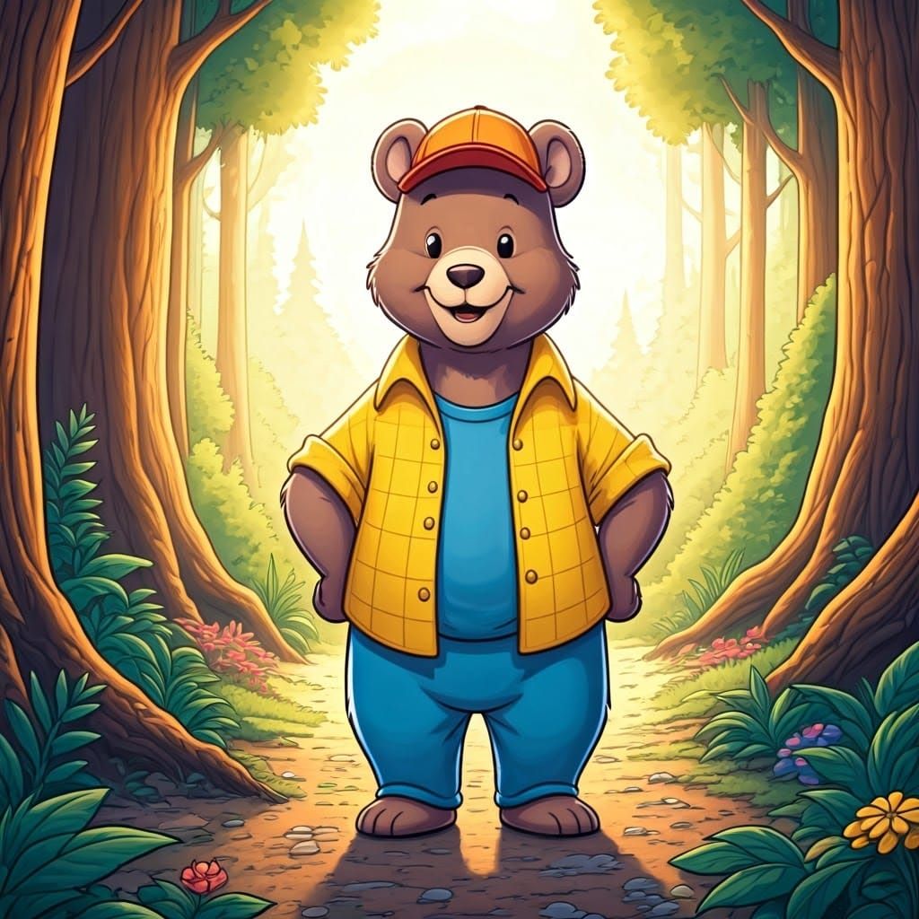 Charming Young Bear in Sun-Drenched Comic Book Style