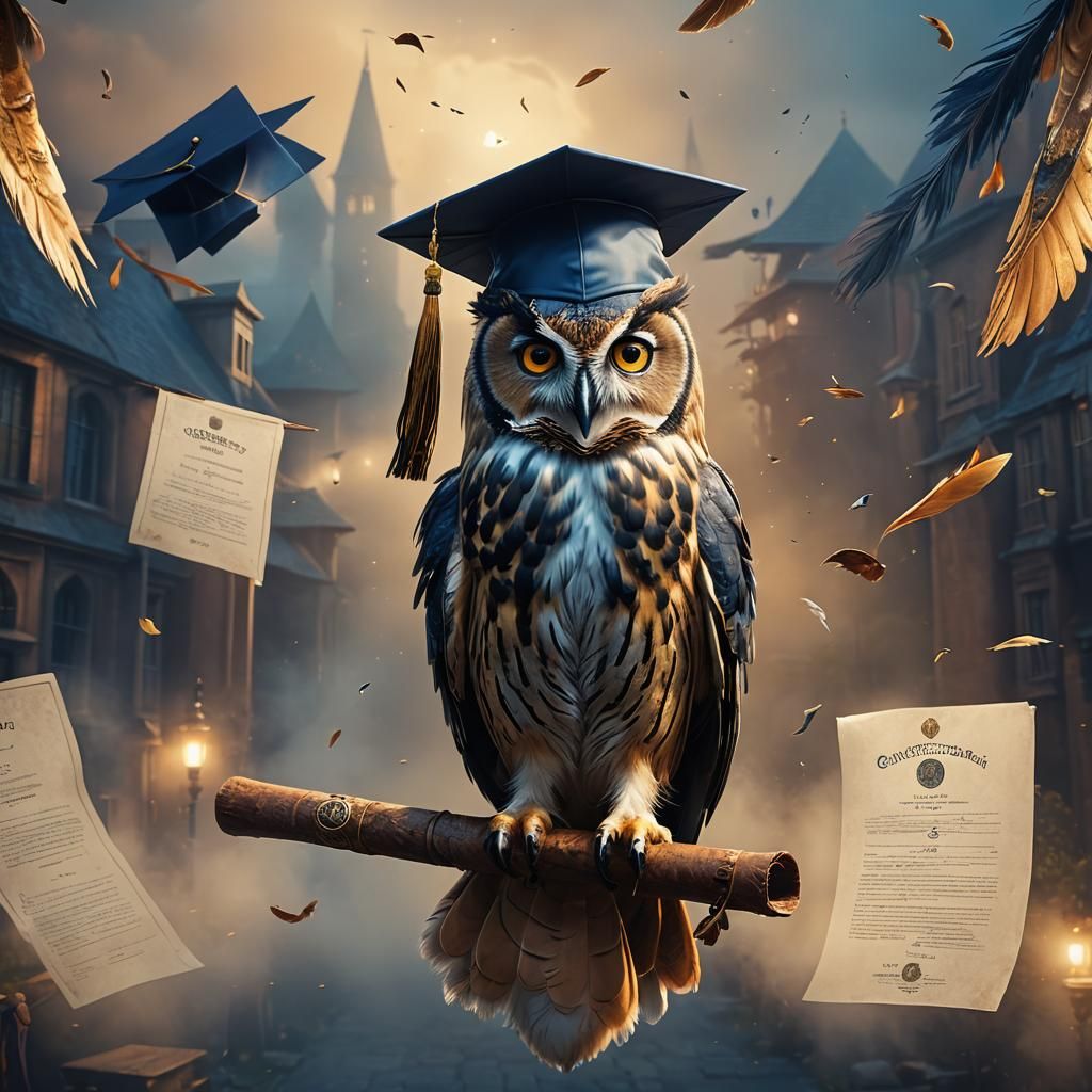 Owl Graduates: Hyperrealistic Matte Painting in 8K