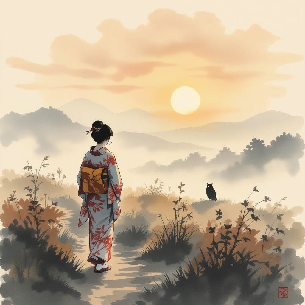 Woman on Heath at Sunrise in Japanese Art Style
