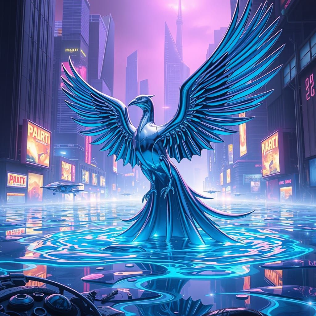 Epic Futuristic Phoenix Rises from Liquid Mercury