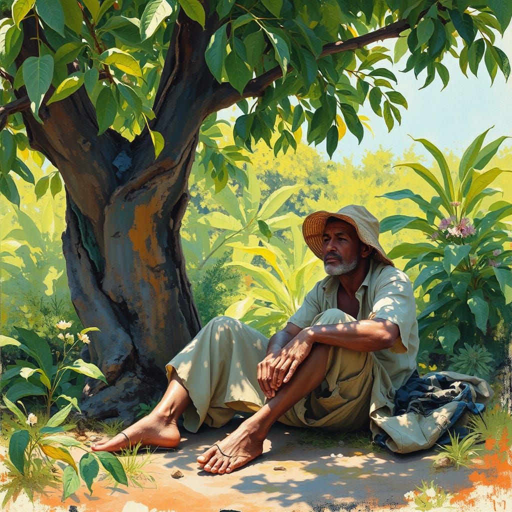 Exhausted Laborer Resting: Gouache Impressionist Style