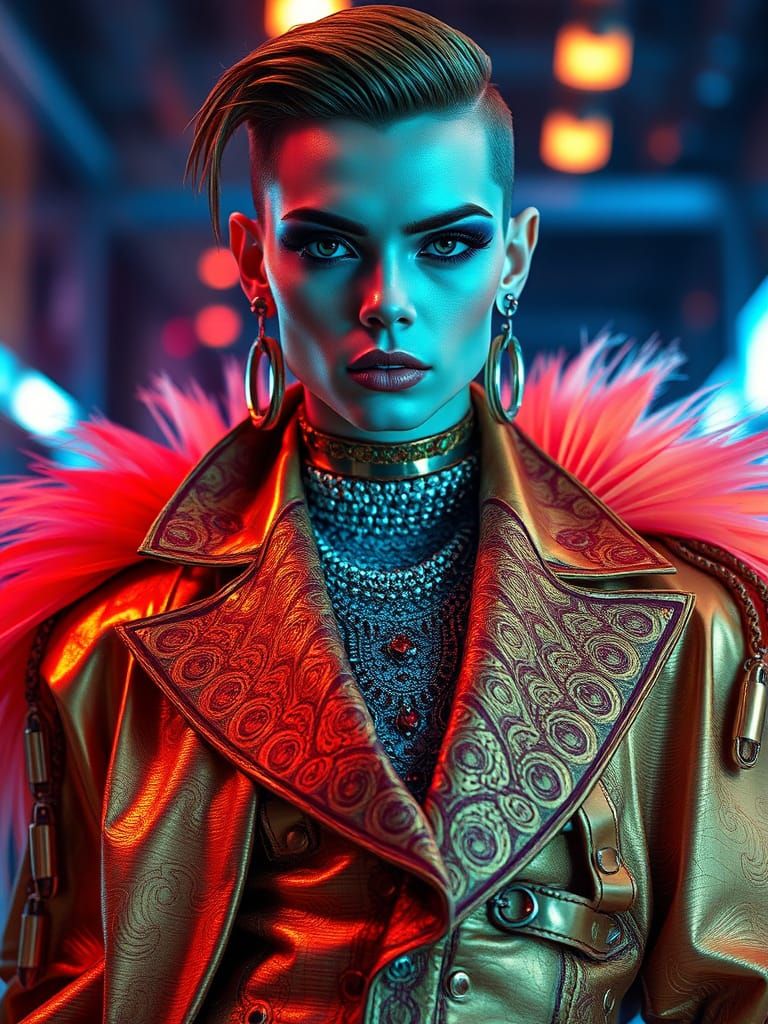 Androgynous Glamour in Neon-Lit Futurism