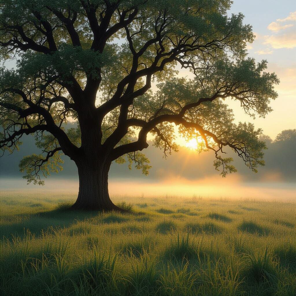 Ancient Oak Tree in Misty Meadow at Dawn
