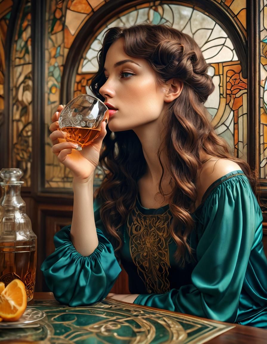 Art Nouveau Woman Drinking: Sensual Photorealism