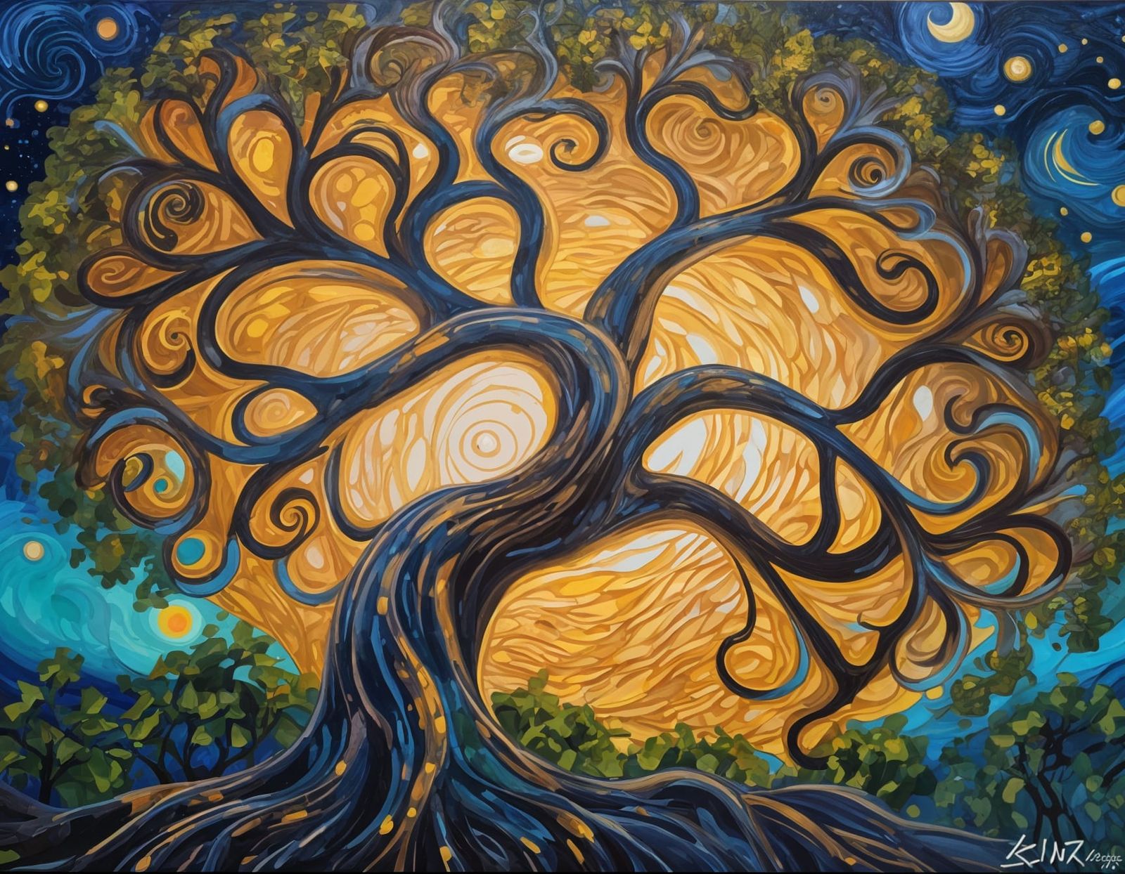 Tropical Tree Painting in Klimt-Van Gogh Style