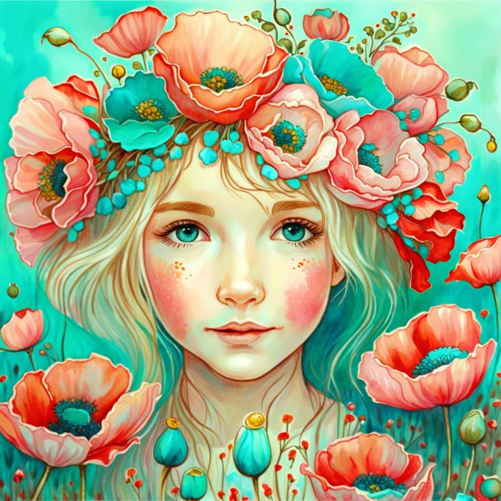 Ukrainian Girl with Poppy Wreath in Watercolor Style