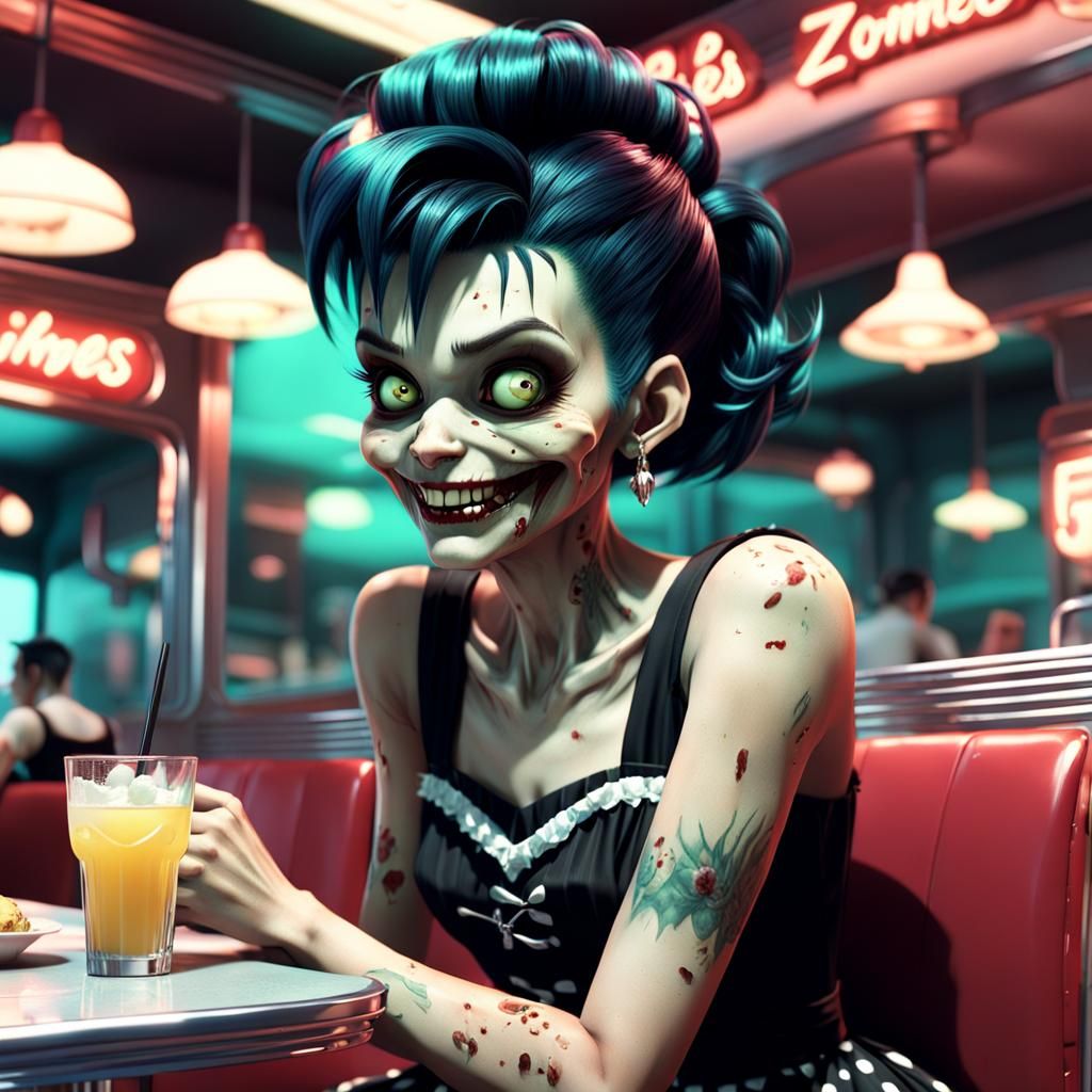 Mischievous Zombie in Diner, Cel-Shaded 3D Art