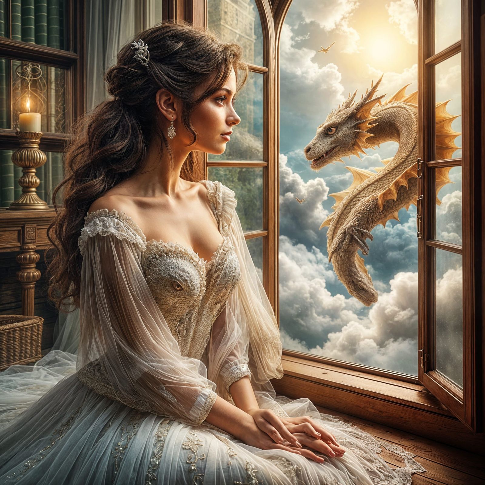 Woman Gazes at Dragon Flying Past Open Window