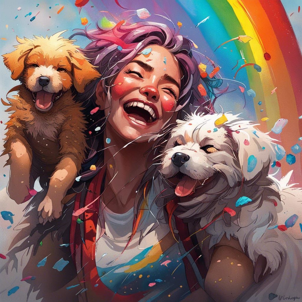 Joyful Woman with Puppies: Impasto Anime Oil Painting