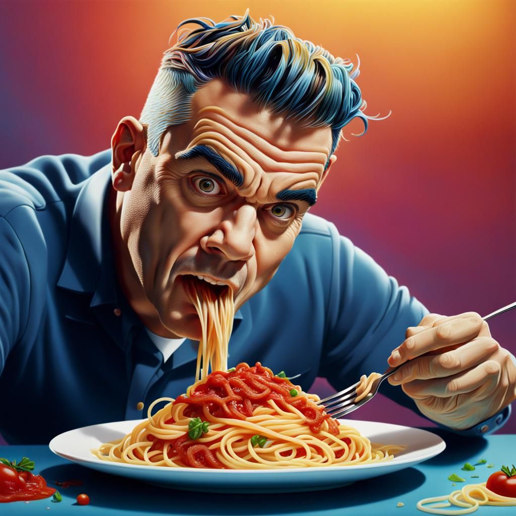 Hyperrealistic Robbie Williams Eating Spaghetti