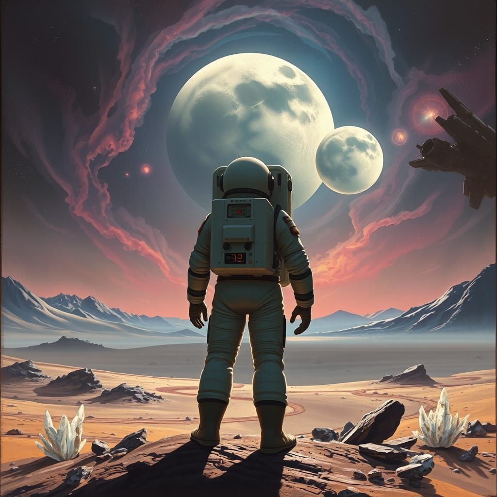 Astronaut on Alien Planet Under Twin Moons
