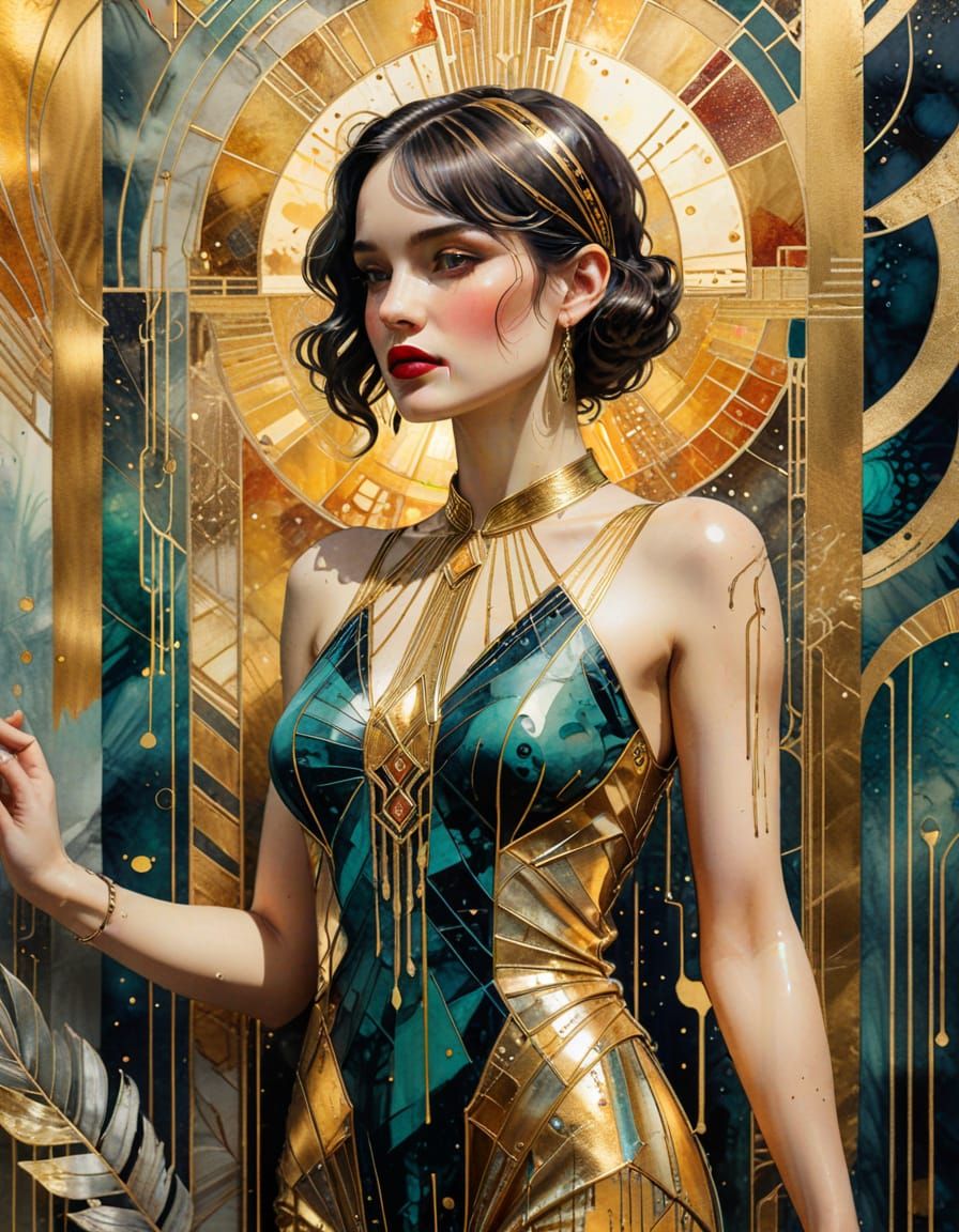 Woman in Art Deco Building, Mixed Media Collage