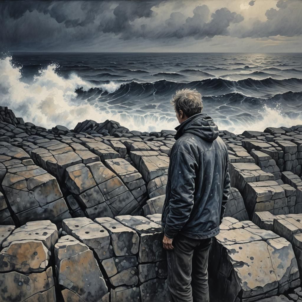 Dramatic Seawall Figure in Charcoal Drawing Style