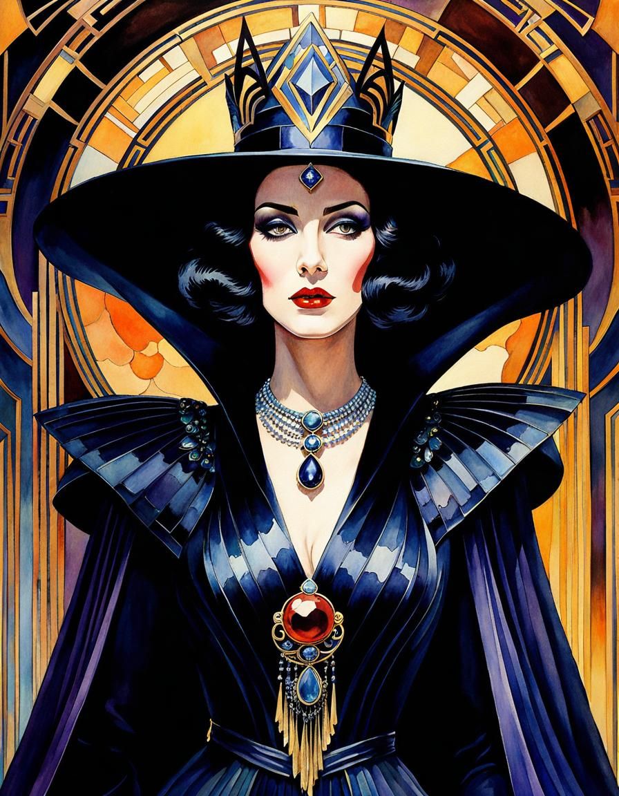 Art Deco Evil Queen Portrait with Ravens