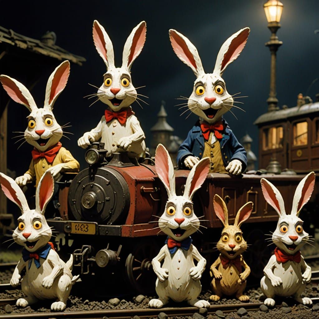 Demonic Rabbits Conquer a Haunted Train in Dark, Surreal Art