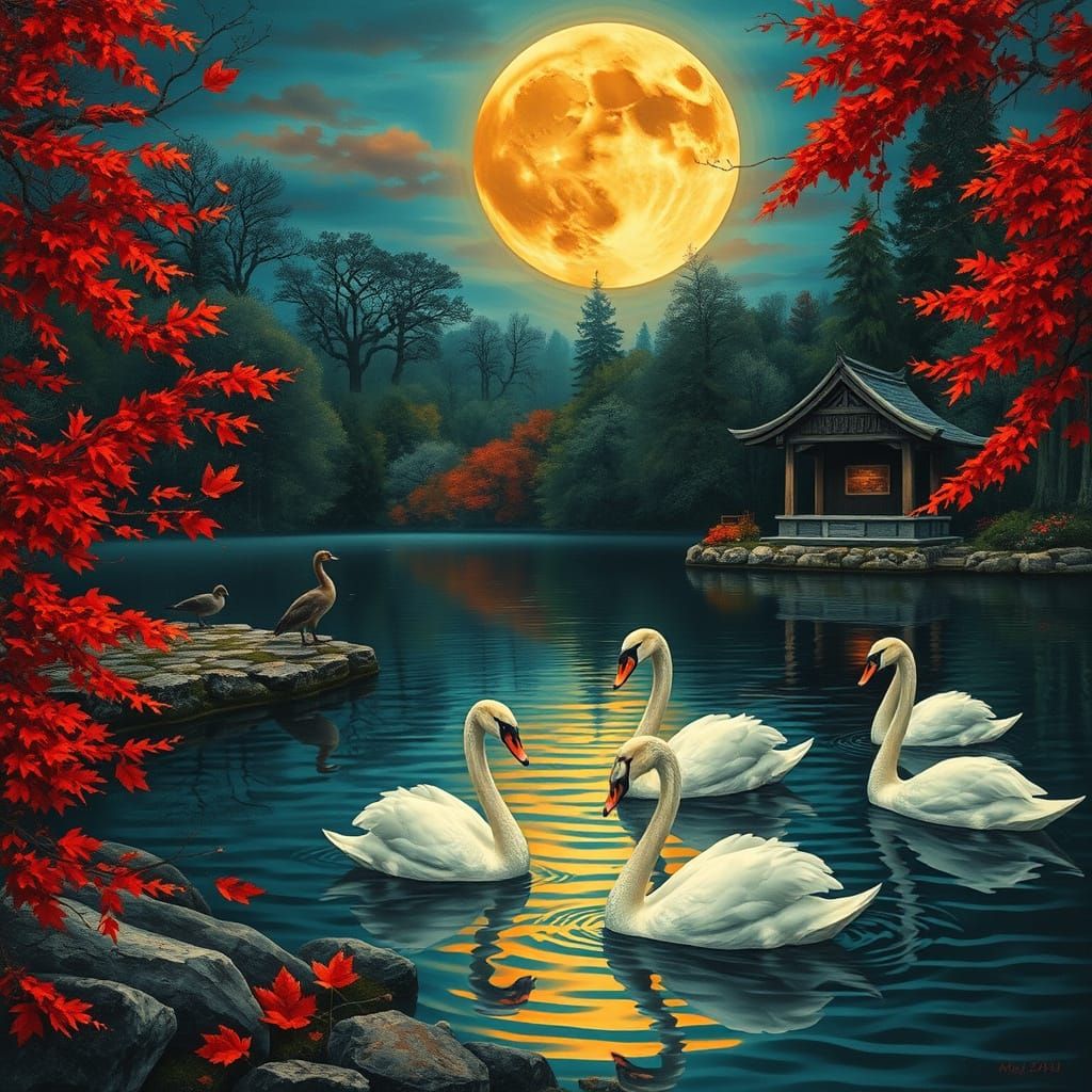 Surreal Autumn Goddess Amidst Lakeside Shrine