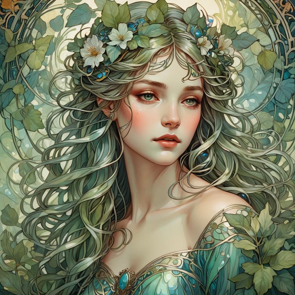Ethereal Nymph Portrait in Art Nouveau Style