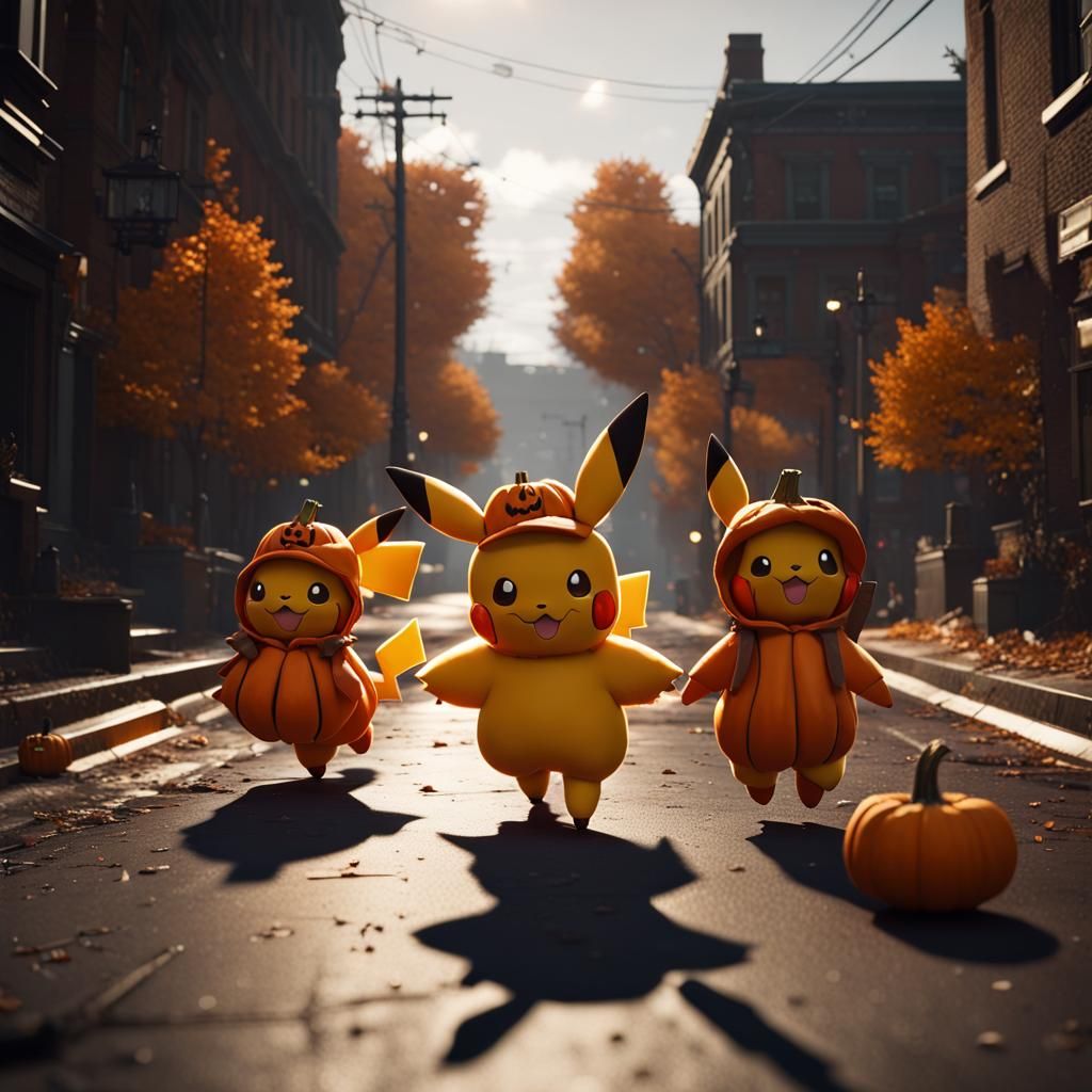 Pikachu and Eevee in Pumpkin Costumes, 3D Render
