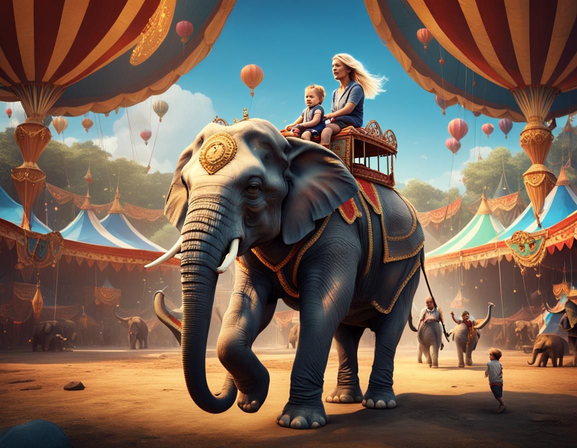 Toddler and Mother Ride Elephant at Circus: Digital Art