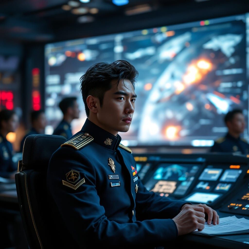 Cyberpunk Space Commander in Dark Blue Uniform