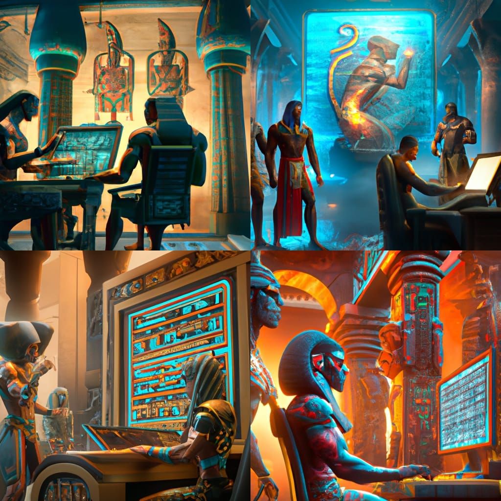 Egyptian Gods Using Computers: Detailed Matte Painting