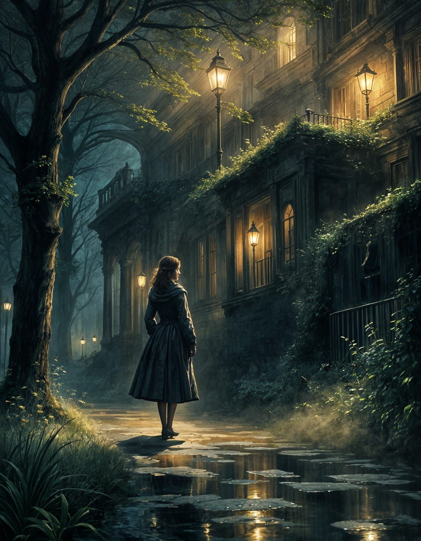 Atmospheric Painterly Scene with Elegant Lamplight