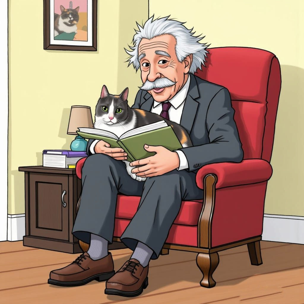 Cartoon Portrait of Cat on Einstein's Lap in Whimsical Illus...
