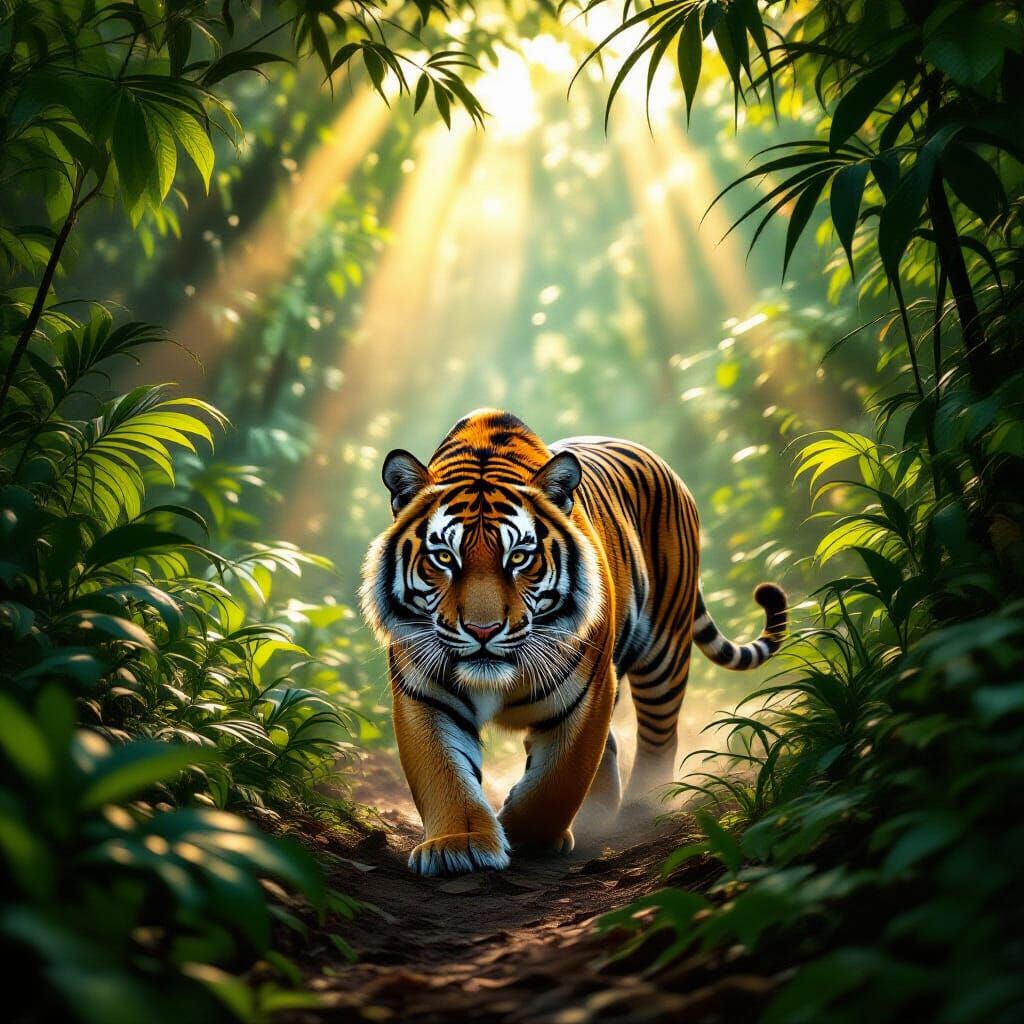 Majestic Tiger Prowling Through Sunlit Jungle Canopy