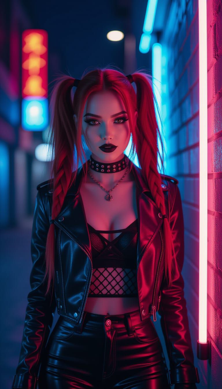 Neo-Gothic Woman in Cyberpunk Nightscape